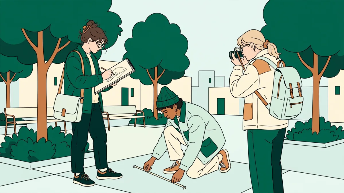 Trois étudiants en design d'espace relèvent une petite place publique, carnets et mètre en main, en dessin d'illustration