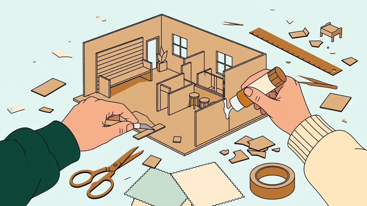 Deux étudiantes assemblent une maquette en carton d'un aménagement intérieur en atelier, en dessin d'illustration