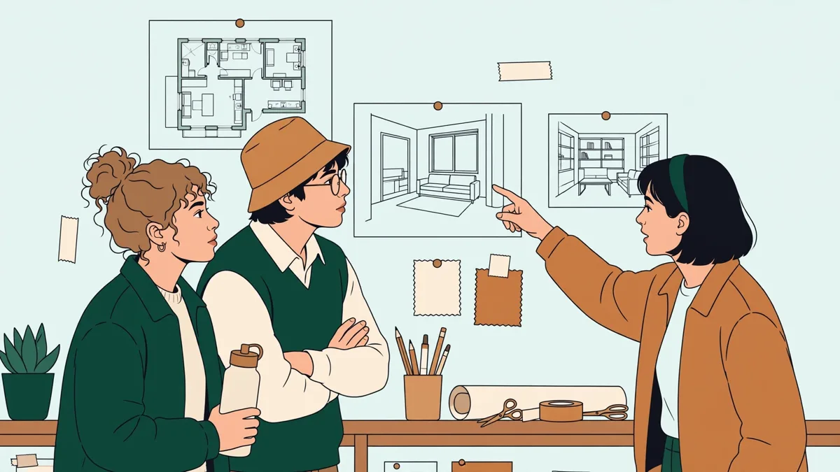 Trois étudiants devant un mur d'atelier couvert de plans et perspectives, l'une commente en montrant un plan, en dessin d'illustration