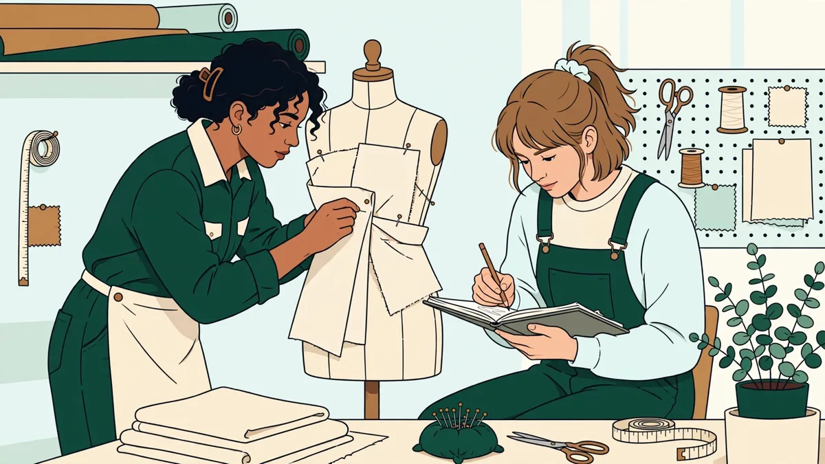 Deux étudiantes en atelier de mode drapant une toile sur un mannequin, l'une épinglant pendant que l'autre dessine