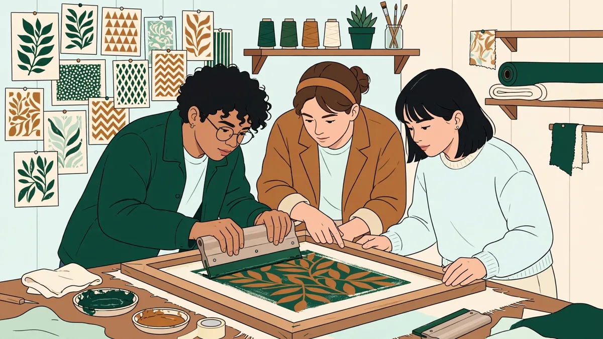 Trois étudiants en atelier textile imprimant un motif en sérigraphie sur un tissu avec des essais colorés