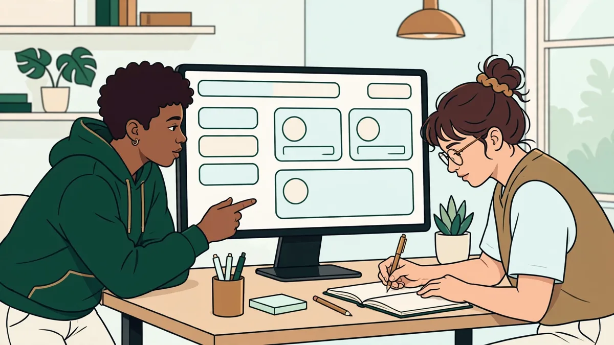 Deux apprentis en design autour d'un écran, l'une montre une maquette d'interface pendant que l'autre prend des notes