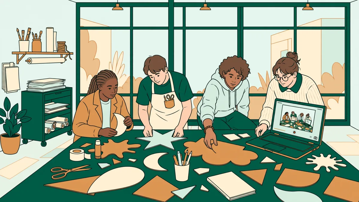 Un groupe d'étudiants en design autour d'une grande table, en train d'animer des lettres et de filmer le mouvement