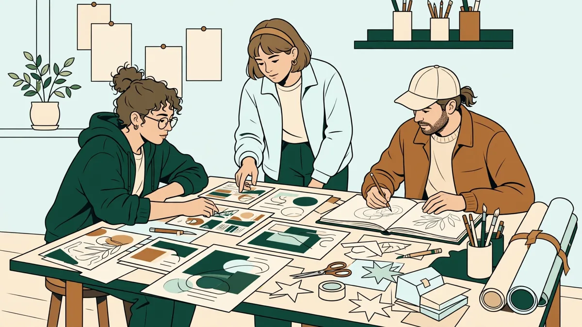 Trois étudiants en atelier autour d'une grande table couverte d'épreuves imprimées, de carnets et de maquettes, en train de comparer leurs essais.
