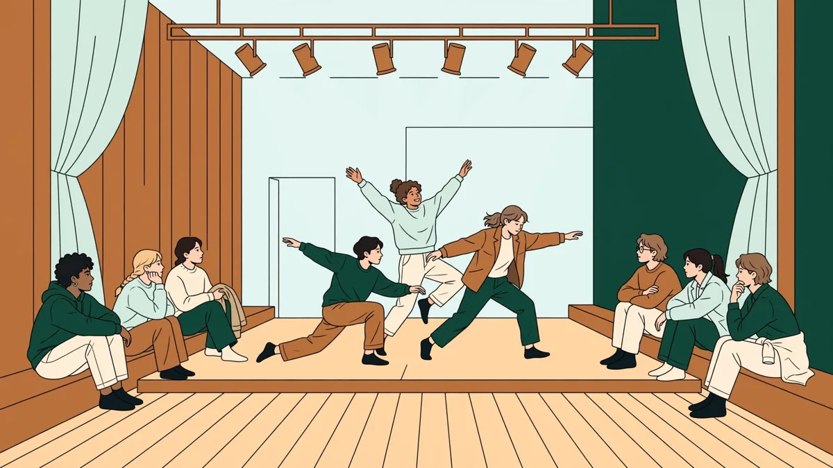 Élèves comédiens en atelier de mouvement sur un plateau de théâtre, un groupe en action physique pendant que les autres observent autour.