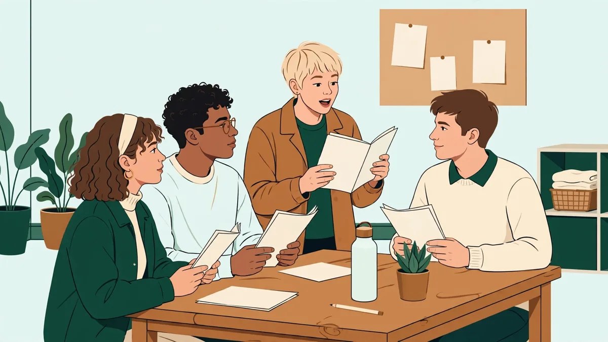 Petit groupe d'élèves comédiens autour d'une table de répétition, textes en main, l'un lisant à voix haute pendant que les autres l'écoutent.