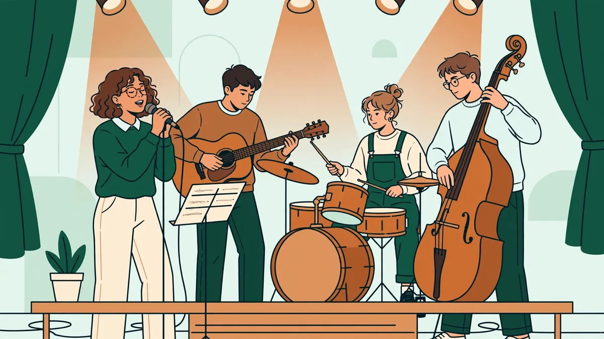 Quatre étudiants musiques actuelles répètent sur une petite scène, chanteuse, guitariste, batteur et contrebassiste.