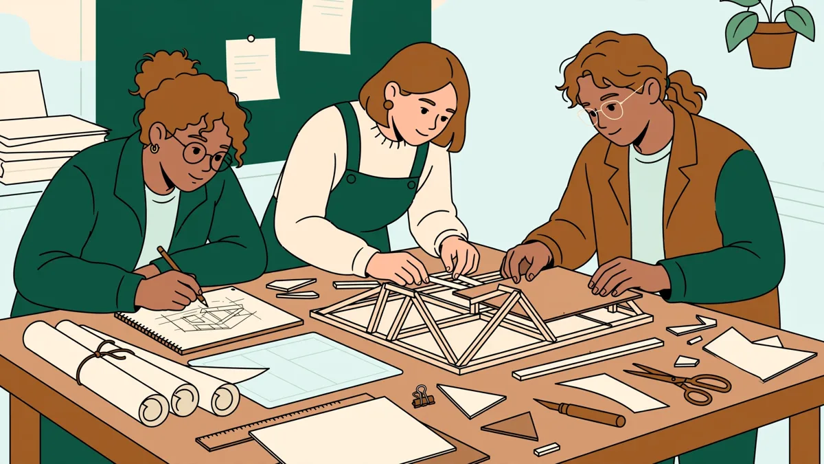 Trois étudiants en atelier autour d'une maquette de structure en carton, plans et outils sur la table, en train d'ajuster un détail.