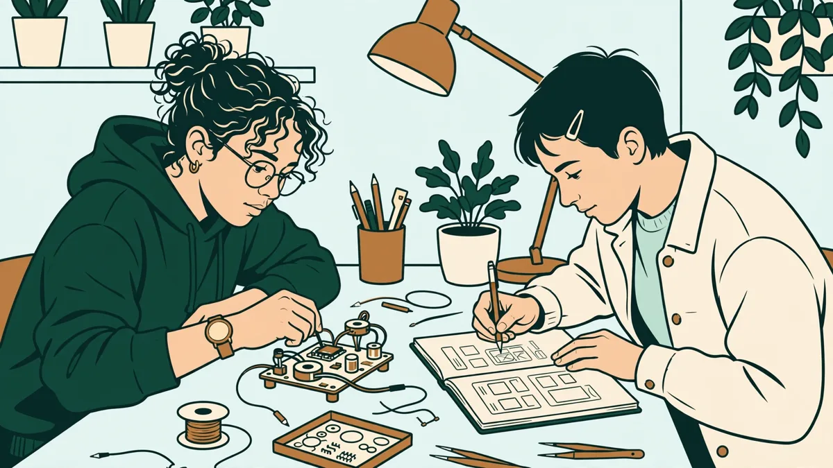 Deux étudiants autour d'une table d'atelier, l'un réglant un prototype électronique pendant que l'autre dessine l'interface dans un carnet.