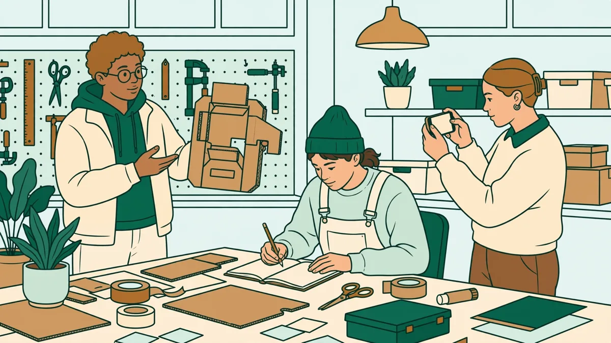 Trois étudiants en atelier lumineux, l'une présentant une maquette en carton pendant que les autres notent et filment le test.
