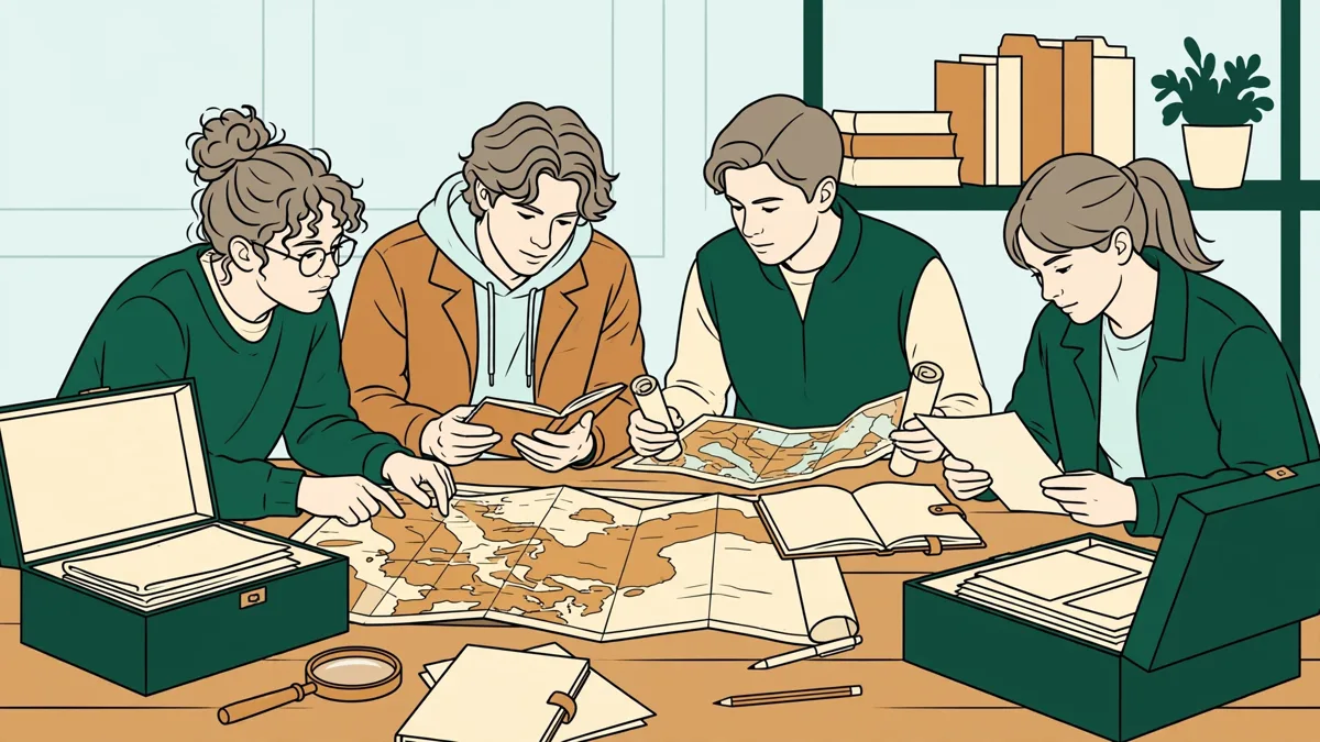 Trois étudiants autour d'une table de salle de lecture, penchés sur des cartes anciennes et des boîtes d'archives ouvertes, en train de comparer des documents et de prendre des notes.