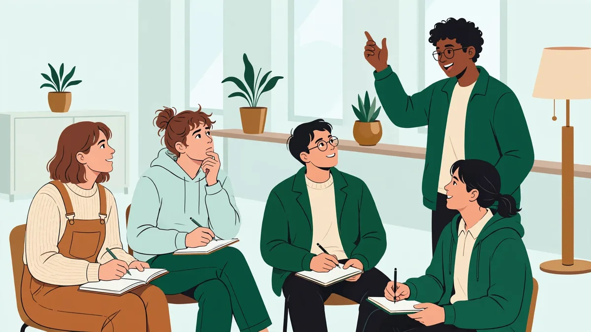 Des étudiants en cercle dans une salle de séminaire lumineuse, une étudiante debout en train de défendre son argumentaire pendant que les autres prennent des notes et réagissent.
