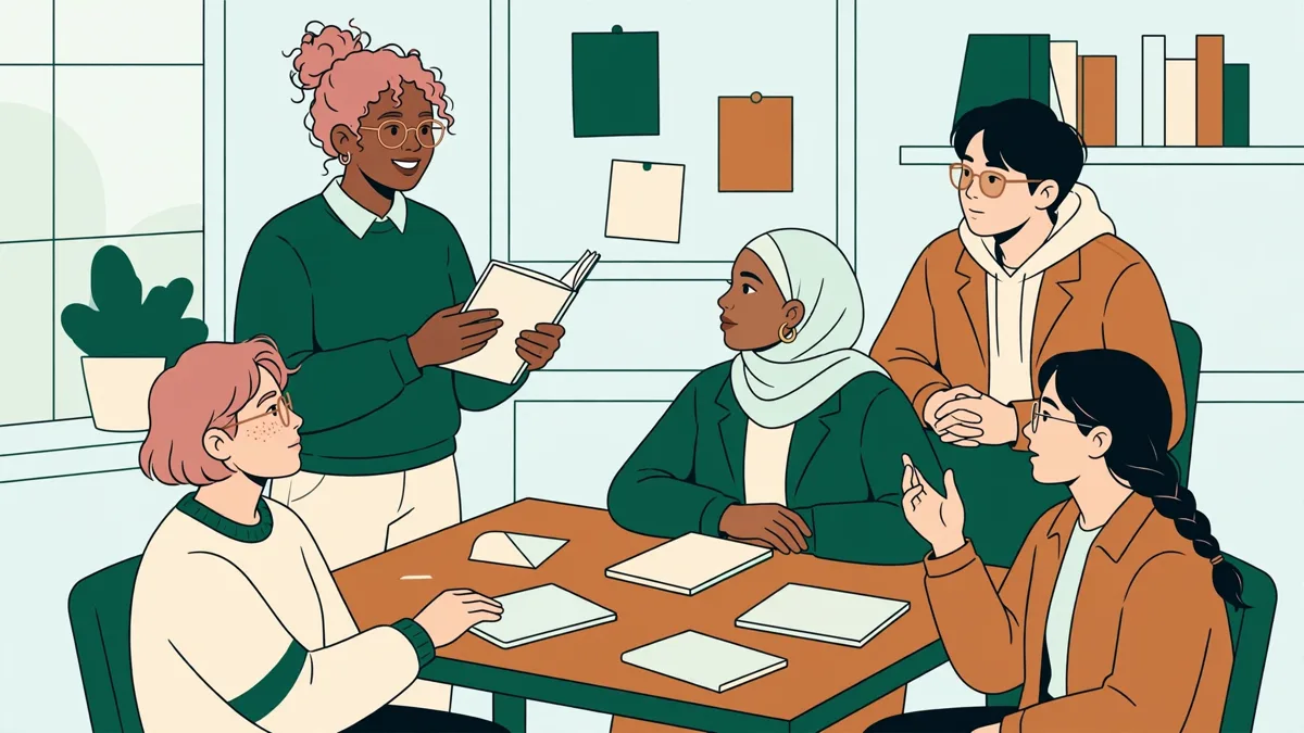 Petit groupe d'étudiants en débat autour d'une table de séminaire, l'une présente debout carnet en main