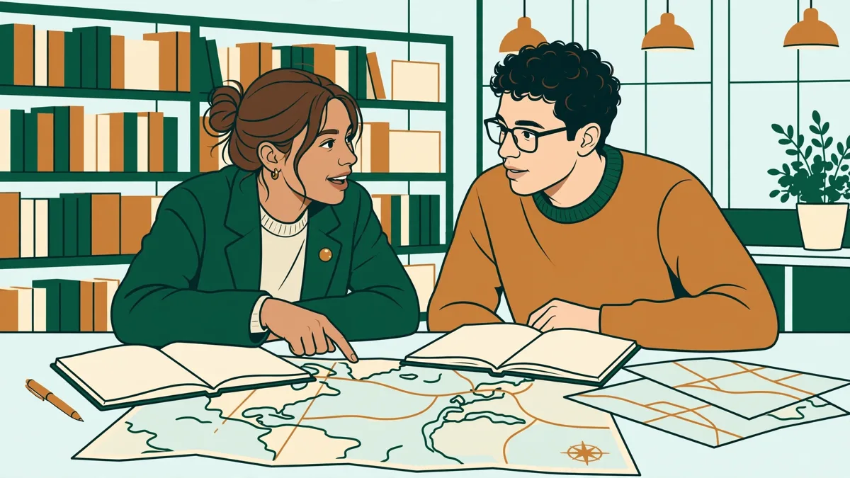 Deux étudiantes qui révisent ensemble dans une bibliothèque, cartes et carnets ouverts devant elles