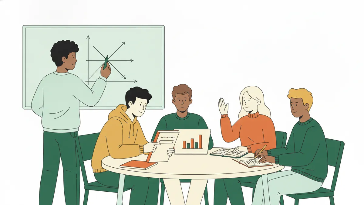Cinq étudiants autour d'une table ronde, entre un code de droit rouge et un portable avec graphique, l'un trace une courbe au tableau.