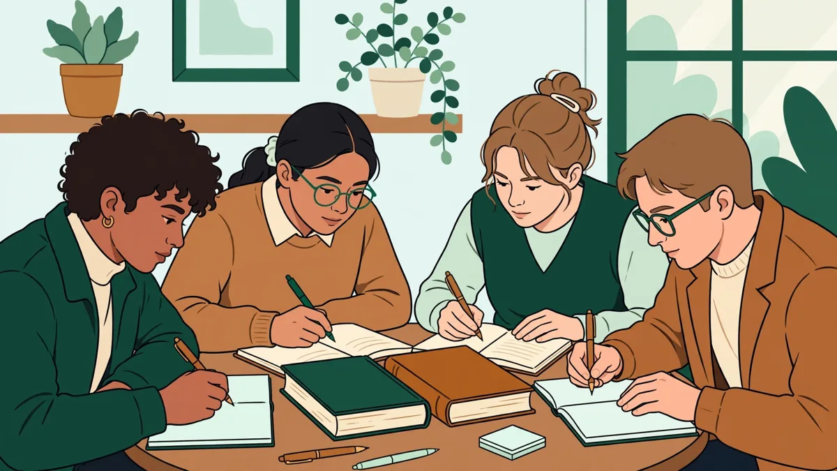 Quatre étudiants autour d'une table comparent deux codes juridiques ouverts et prennent des notes en travail dirigé