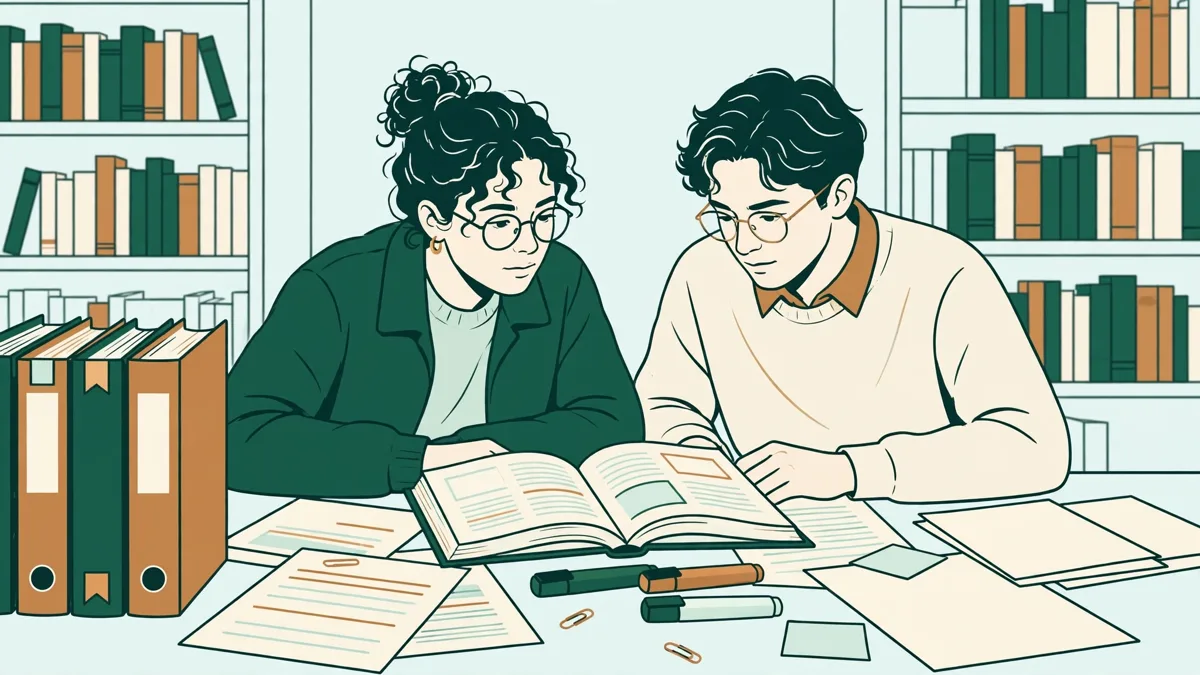 Deux étudiantes en droit travaillent côte à côte en bibliothèque avec classeurs, fiches et dictionnaires ouverts