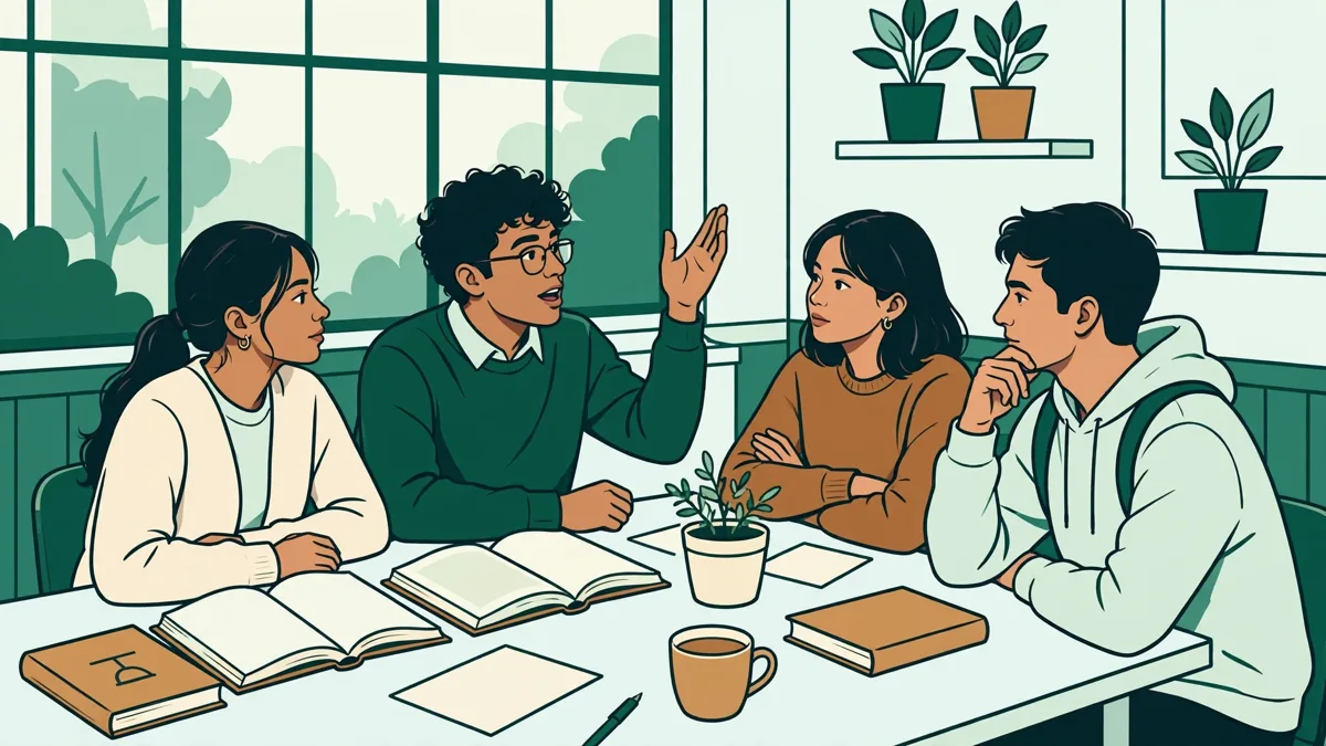 Petit groupe d'étudiants qui débattent autour d'une table, un code juridique et des romans ouverts devant eux.
