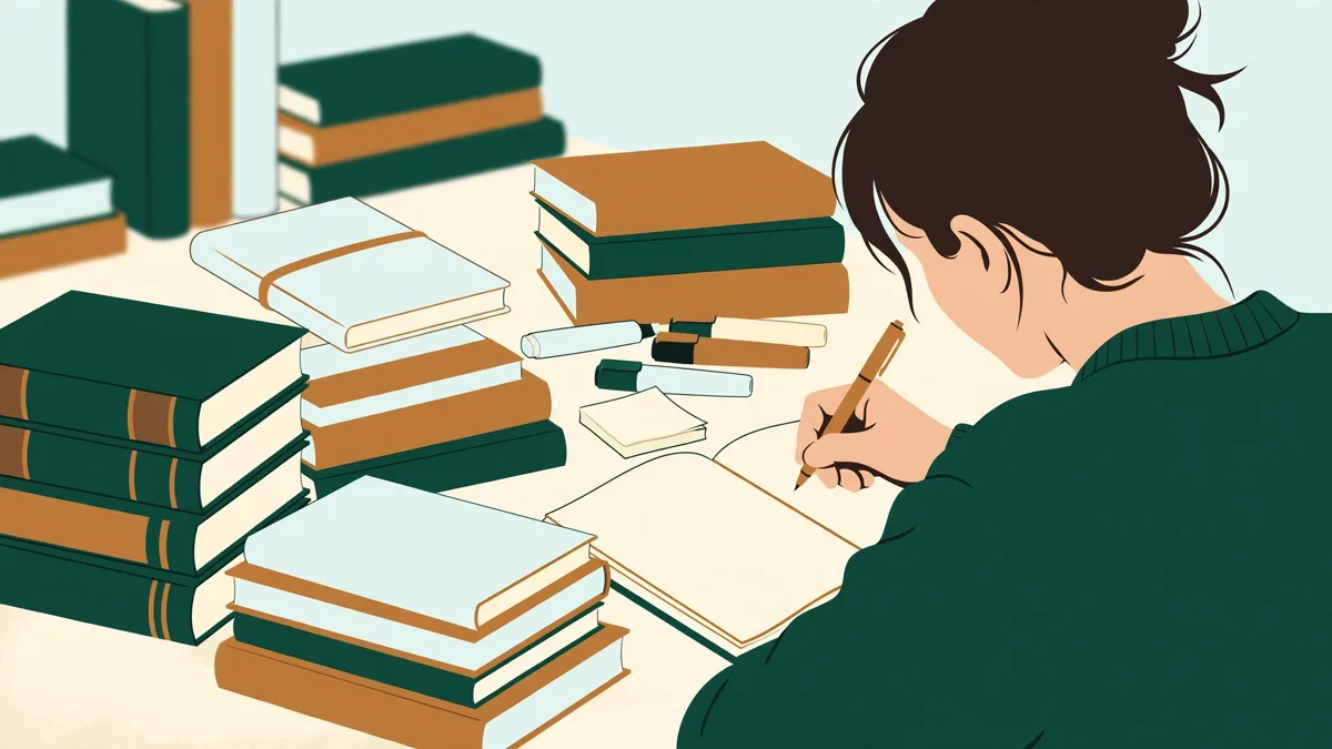 Étudiante qui rédige une dissertation en bibliothèque, entourée de livres de droit et de littérature.