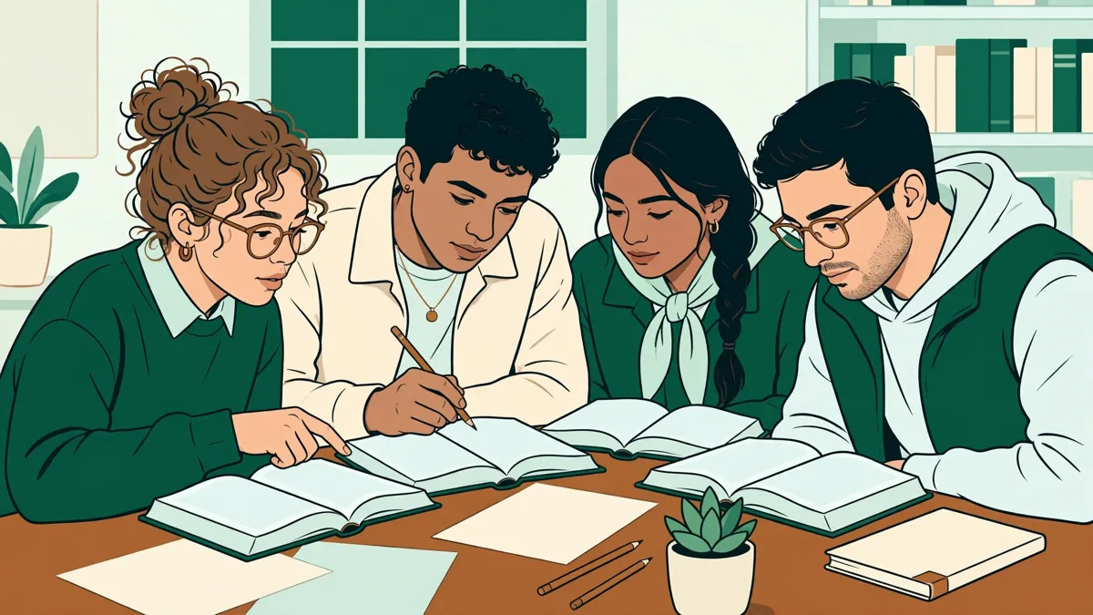 Quatre étudiants autour d'une table comparent leurs traductions d'espagnol avec dictionnaires ouverts.