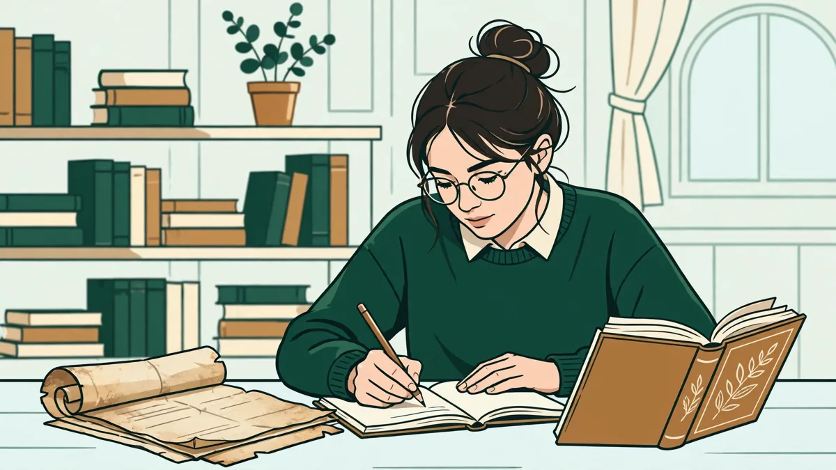 Une étudiante en salle de lecture annote un document d'archive à côté d'un roman espagnol ouvert.