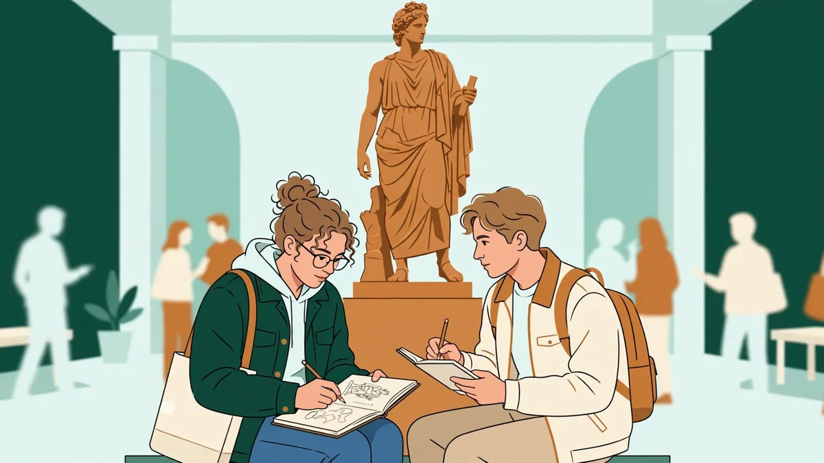 Deux étudiantes face à une statue antique en galerie, l'une dessine la sculpture sur un carnet et l'autre prend des notes.