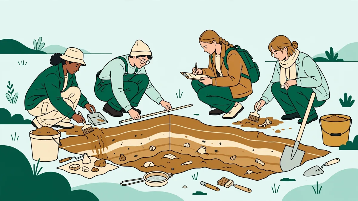 Quatre étudiants accroupis sur un chantier de fouilles, en train de dégager des tessons, mesurer et remplir des fiches de relevé.