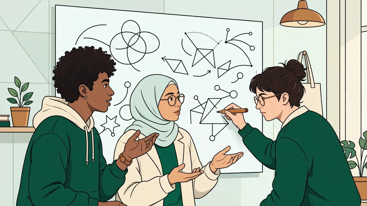 Illustration dessinée de trois étudiants qui cherchent ensemble devant un tableau blanc rempli de schémas mathématiques.