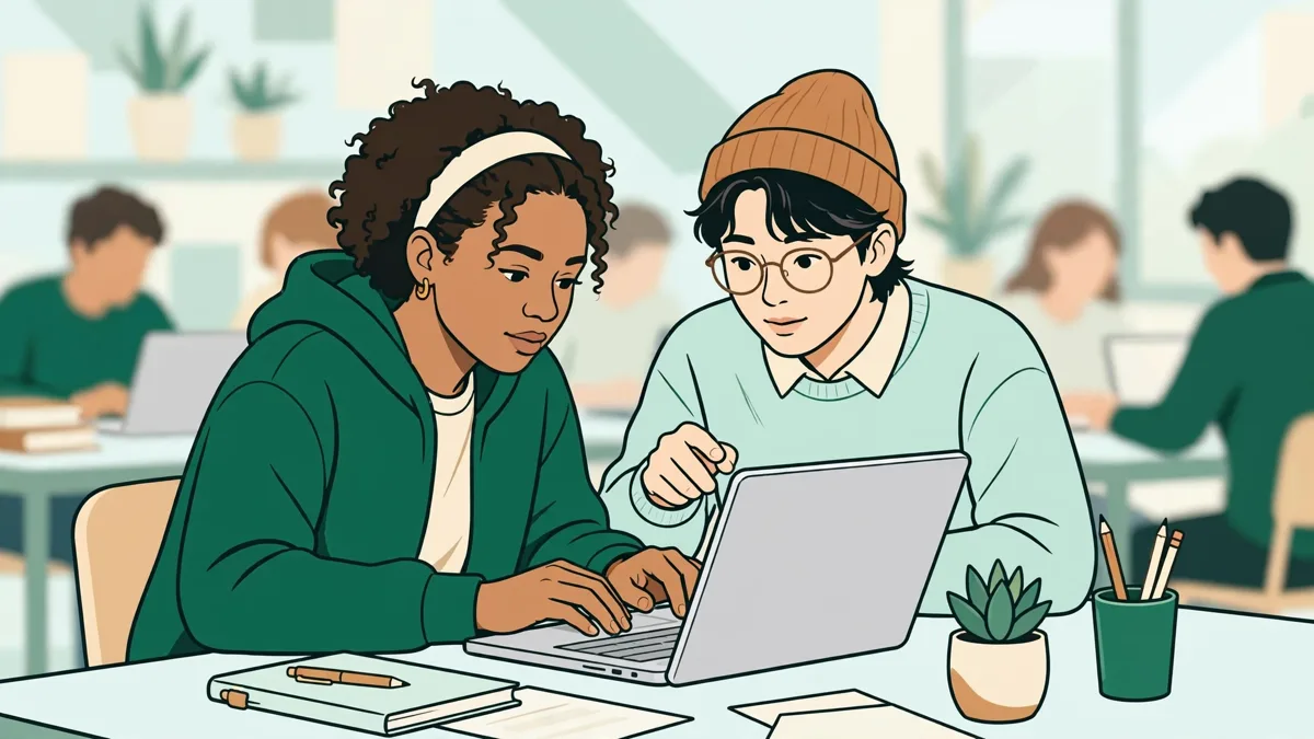Illustration dessinée de deux étudiants qui programment en binôme sur un seul ordinateur portable, l'un tapant au clavier pendant que l'autre pointe l'écran.