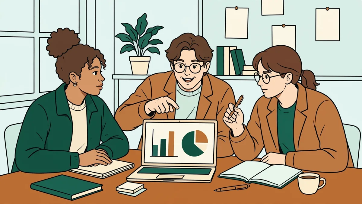 Trois étudiants autour d'une table qui préparent un exposé bilingue, avec un ordinateur portable et des carnets ouverts.