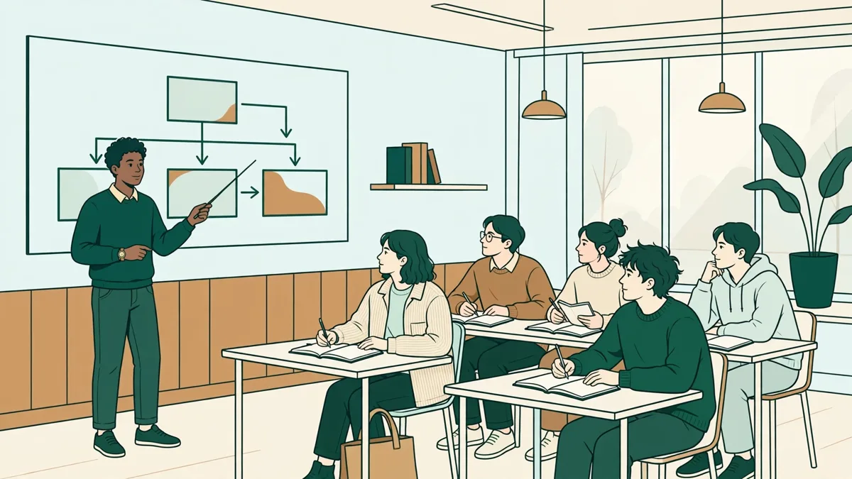 Une étudiante qui présente un tableau de gestion devant un petit groupe d'étudiants attentifs en salle de cours.