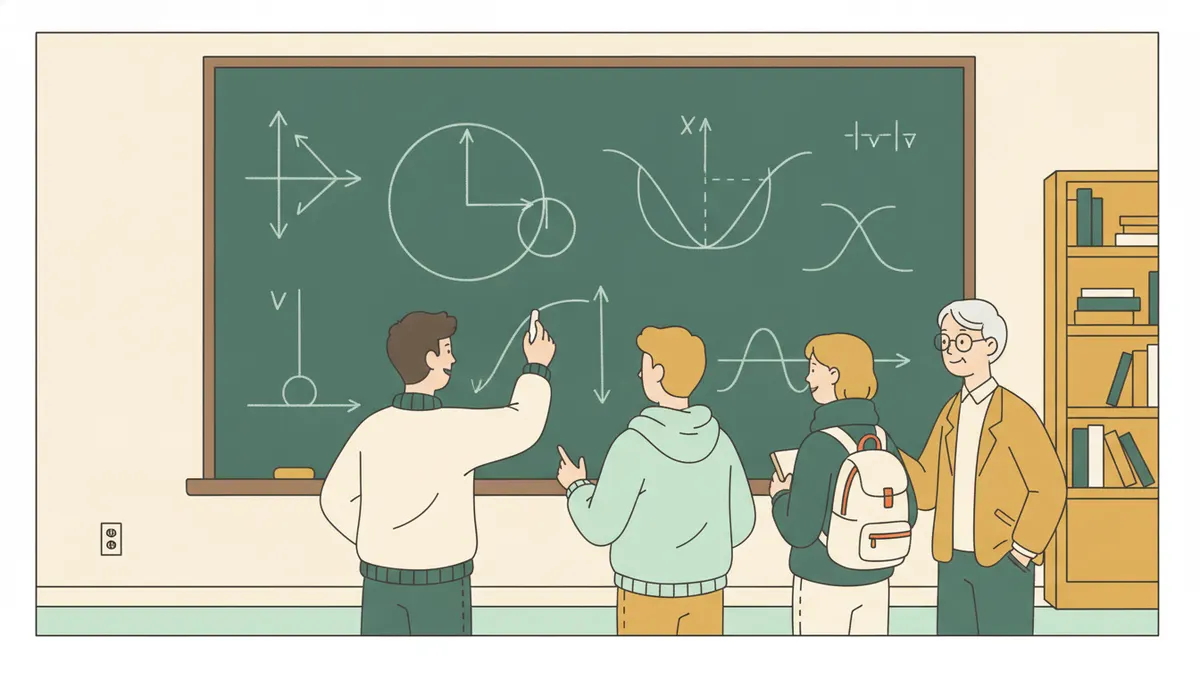 Trois étudiants et un tuteur devant un grand tableau couvert de cercles, vecteurs, pendule et courbe d'onde, l'un trace à la craie pendant que les autres discutent.