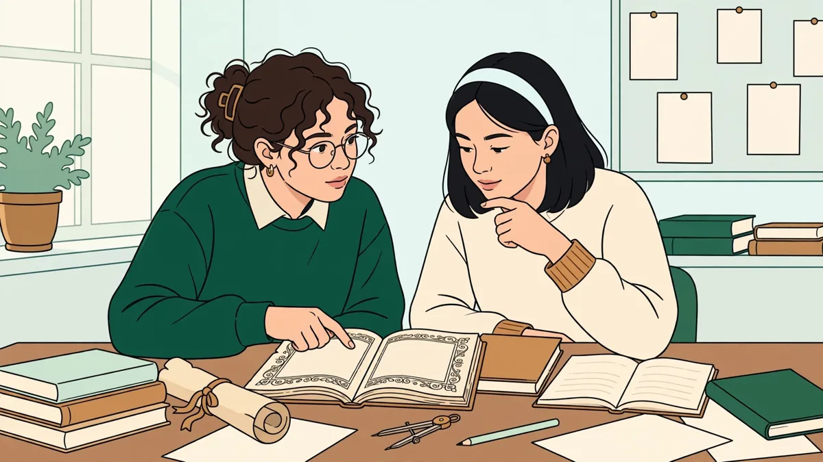 Deux étudiantes penchées sur un texte avec dictionnaires en salle de TD, lune traduit à voix haute pendant que lautre annote sa feuille.