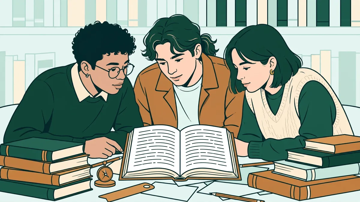Trois étudiants autour dune table de bibliothèque couverte de livres, lun lit un passage à voix haute pendant que les autres suivent le texte annoté.