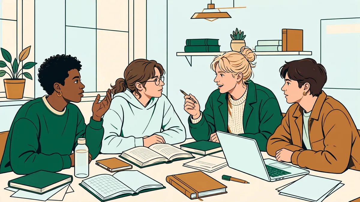 Quatre étudiants autour d'une table entre éprouvettes, ordinateur et codes juridiques, en train de débattre d'un cas mêlant sciences et droit.