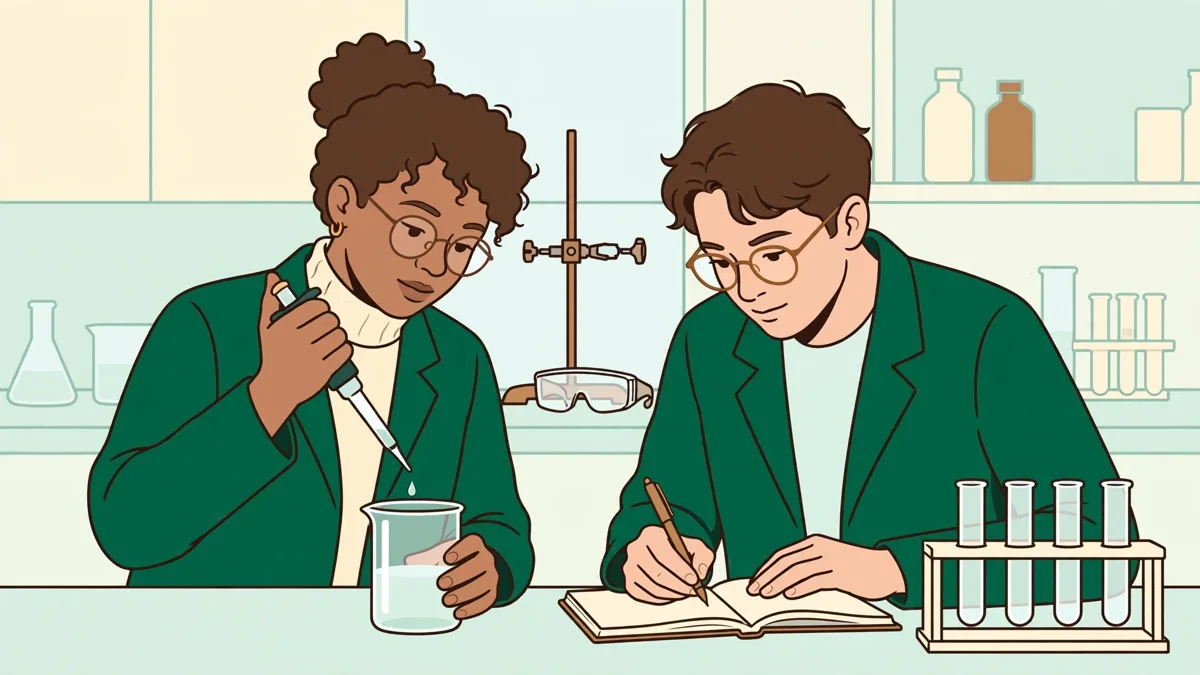 Deux étudiants en blouse en TP de chimie, l'un prélevant à la pipette au-dessus d'un bécher pendant que l'autre note les mesures.