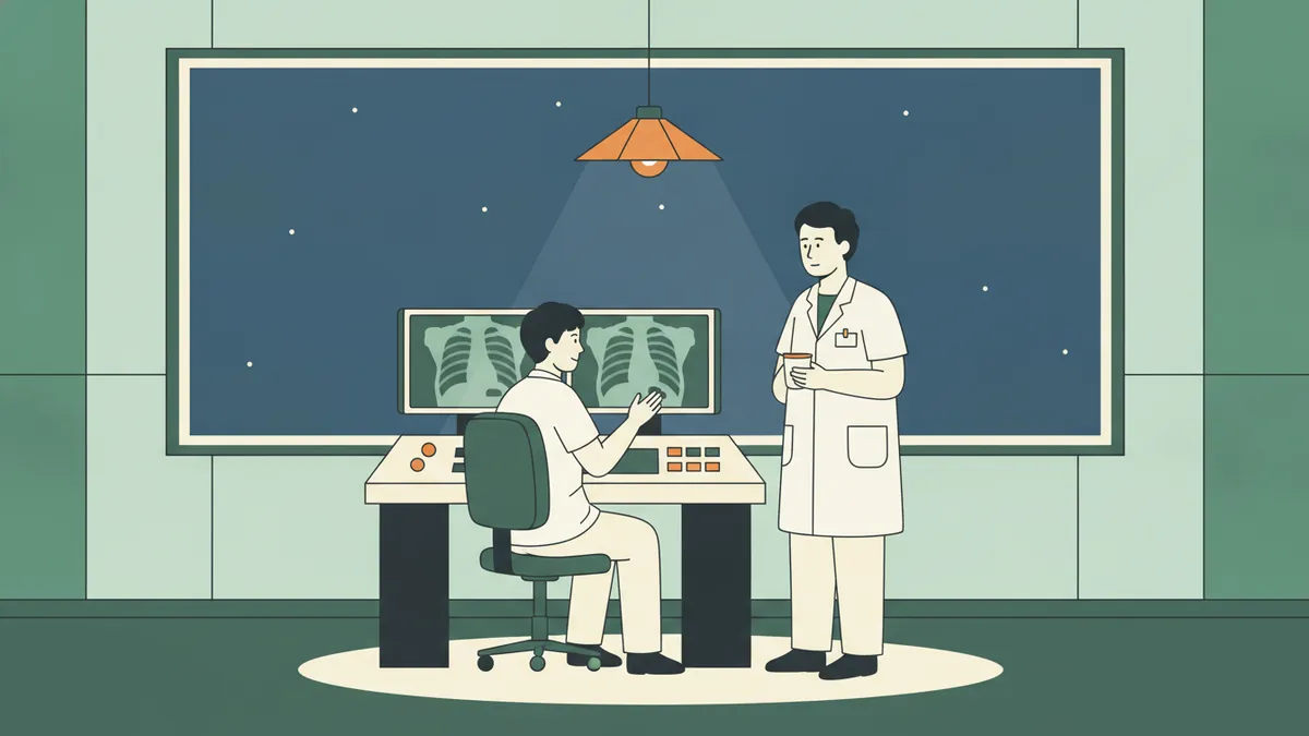 La nuit aux urgences, un apprenti devant deux radios de thorax à la console pendant qu'un collègue expérimenté lui explique.