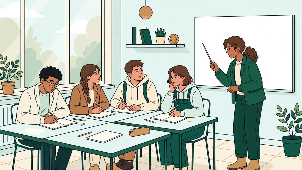 En salle de travaux dirigés, six étudiants autour de tables rassemblées comparent leurs brouillons de balance pendant qu'une enseignante montre un chiffre au tableau.
