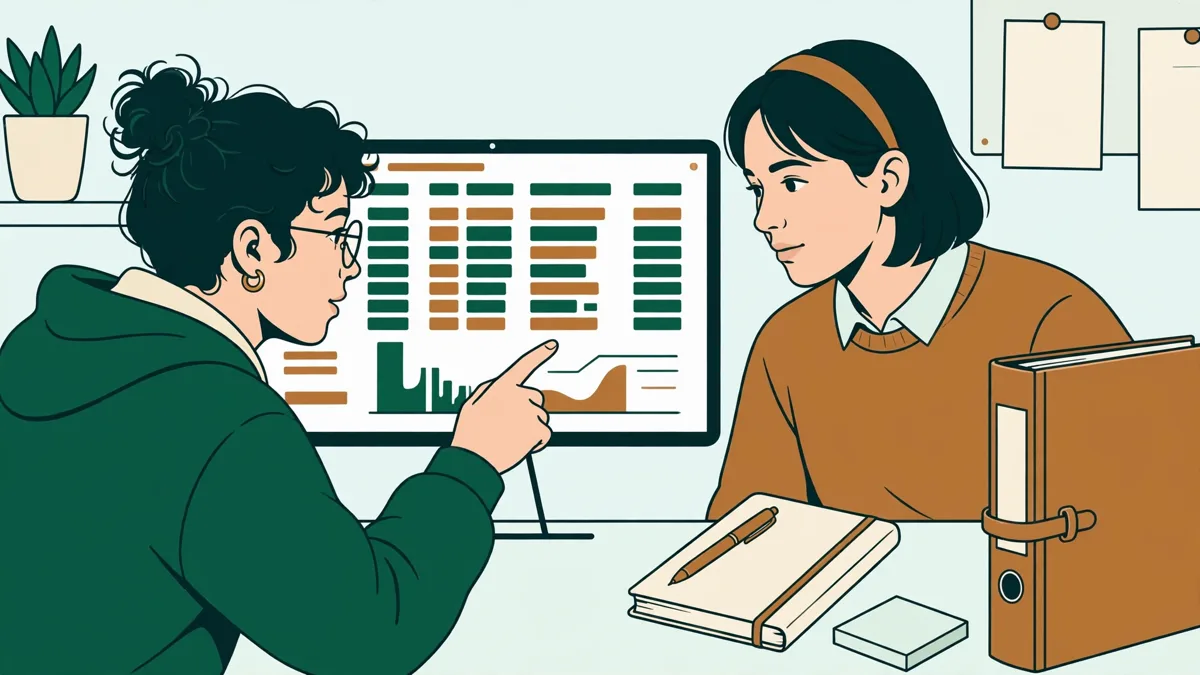 Gros plan sur deux étudiants devant un écran de logiciel comptable, l'un pointe une ligne d'écriture pendant que l'autre tient un classeur de factures.