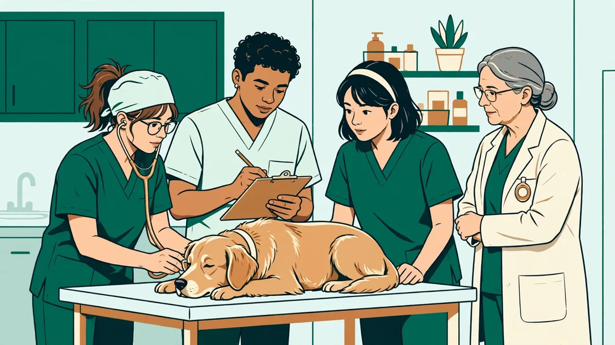Trois étudiants en blouse qui auscultent un chien sur une table de consultation, guidés par une praticienne