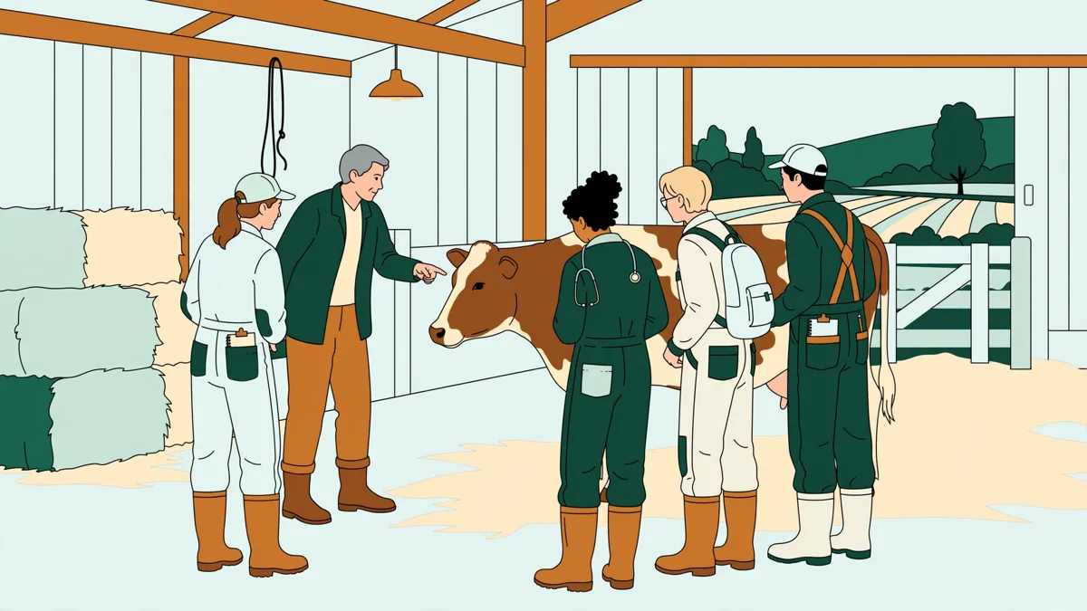 Quatre étudiants vétérinaires en bottes et blouses autour d'une vache en stabulation, avec un enseignant qui montre l'observation