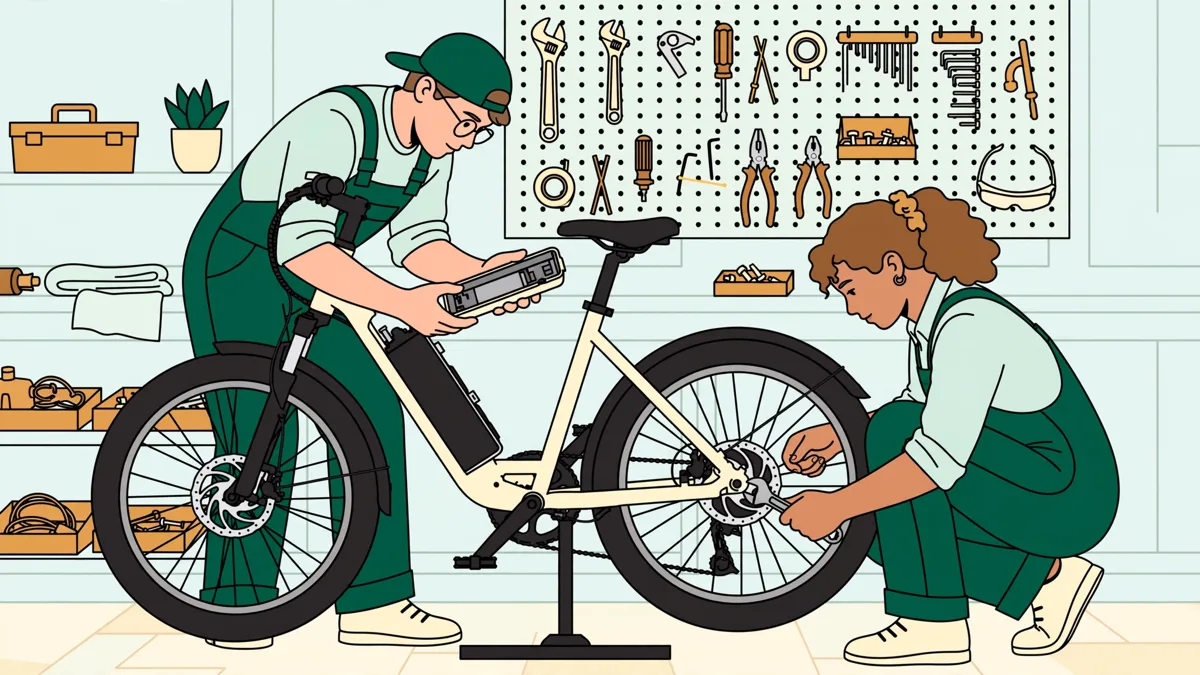Deux élèves en atelier autour d'un vélo électrique sur pied, l'un contrôle la batterie pendant que l'autre règle la roue.