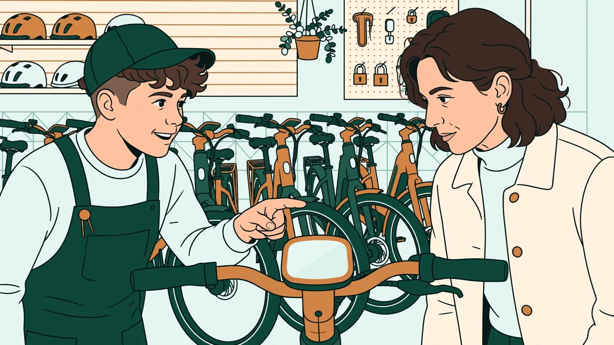 Une élève montre l'écran de contrôle d'un vélo électrique à un client dans un magasin lumineux.