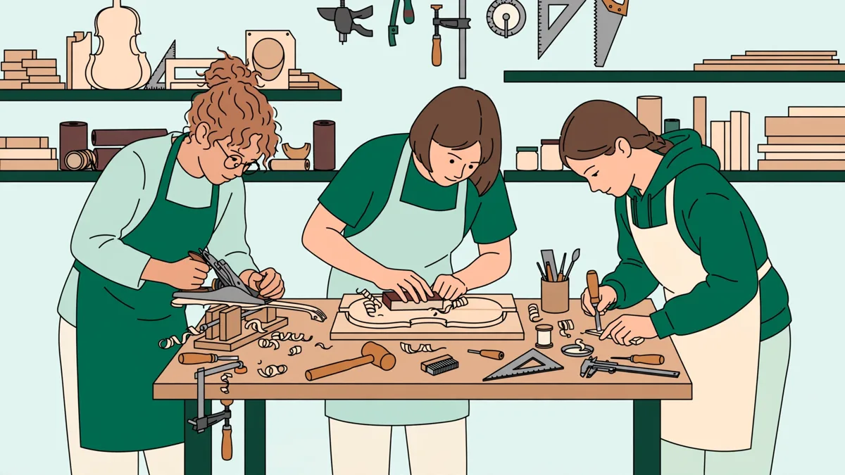 Trois élèves en tablier autour d'un établi d'atelier bois : l'un rabote une pièce courbe, une autre ponce une caisse d'instrument, copeaux et outils rangés autour d'eux.