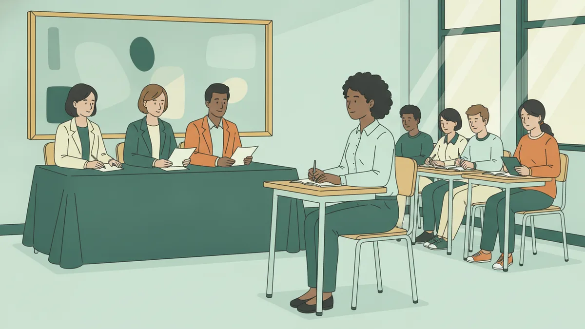 Dans une salle de classe, une jeune candidate debout répond aux questions d'un jury de trois personnes assises derrière une table, pendant que d'autres élèves observent et prennent des notes au fond.