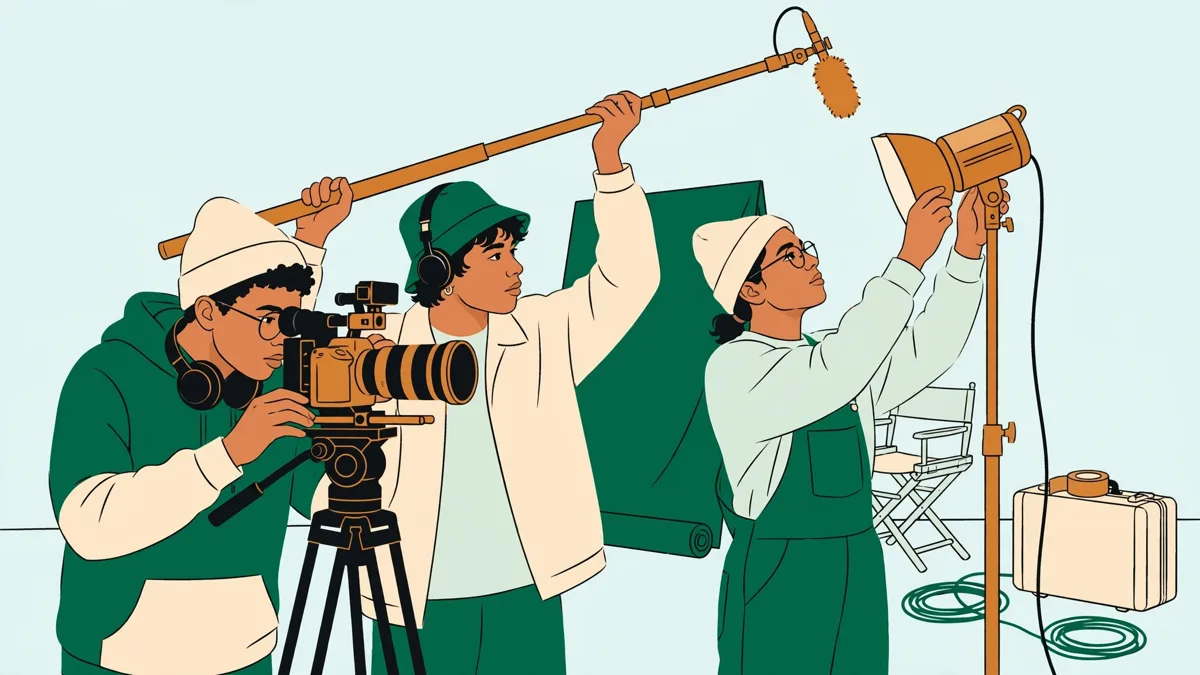 Illustration dessinée d'étudiants en action sur un plateau de tournage qui installent une caméra cinéma, un projecteur et une perche son