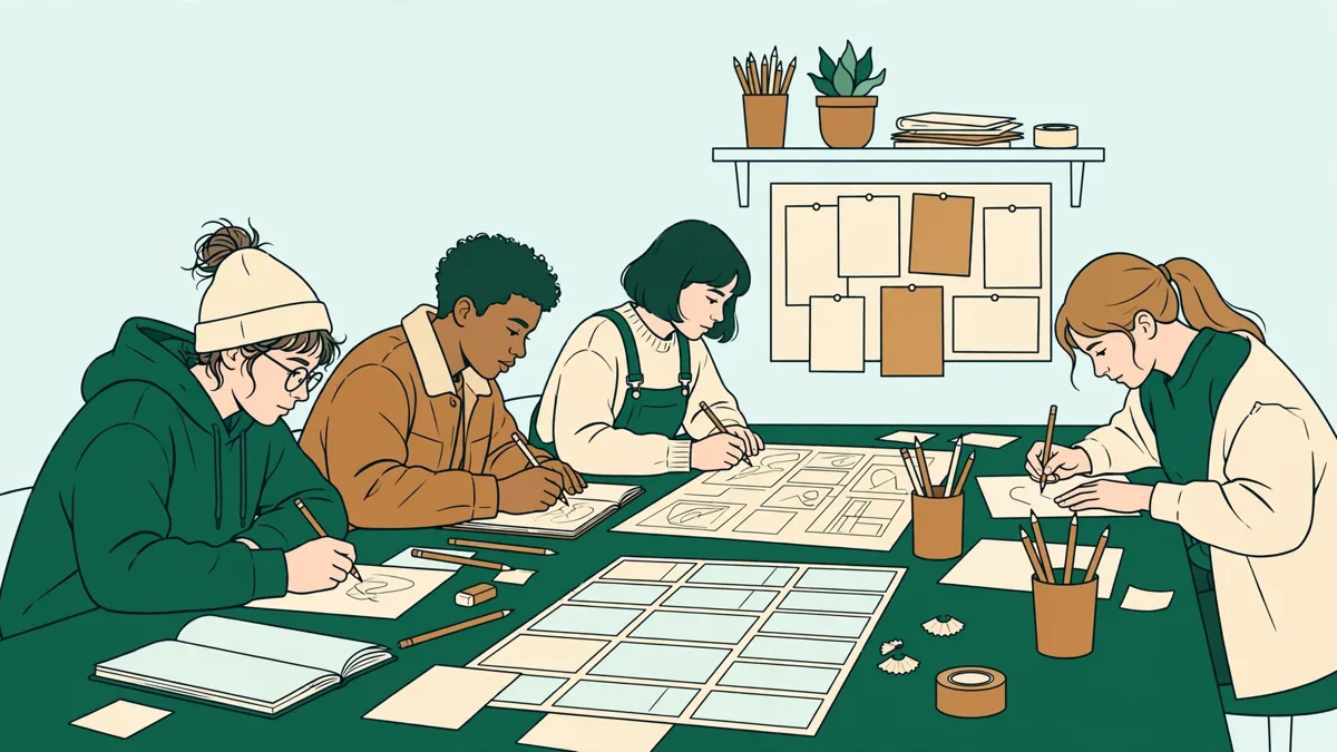 Étudiants en animation penchés sur une table lumineuse, en train de dessiner un storyboard image par image