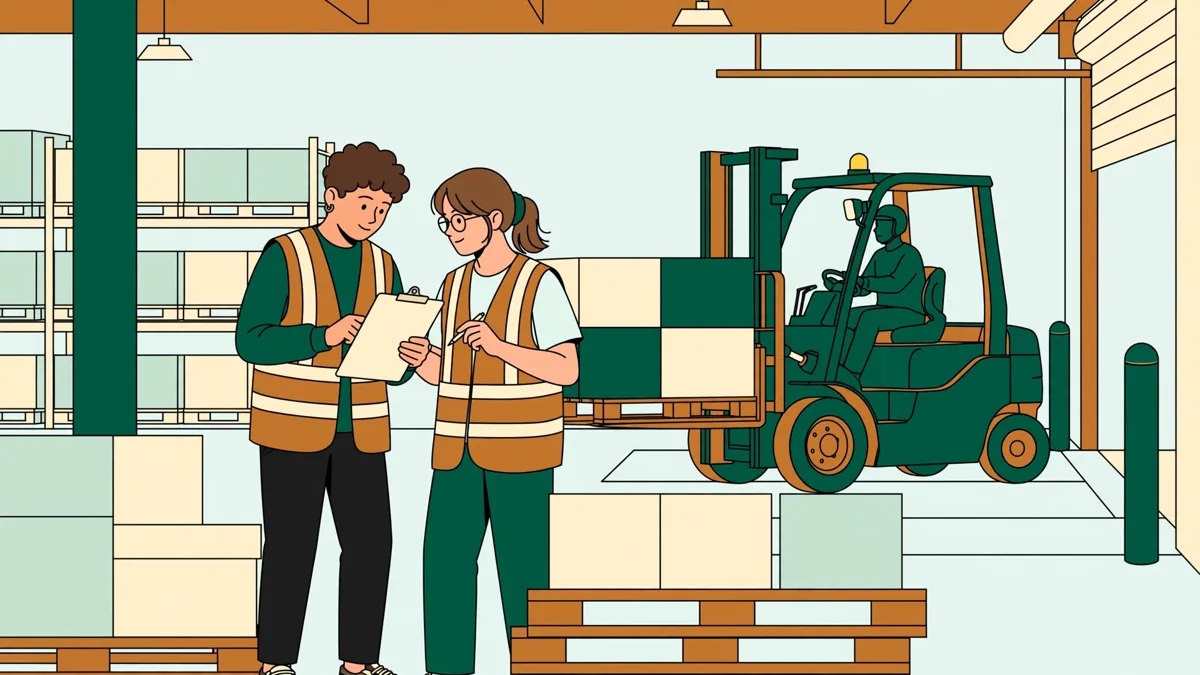 Deux apprentis en gilets haute-visibilité qui contrôlent des palettes sur un quai pendant qu'un cariste déplace une charge derrière eux.