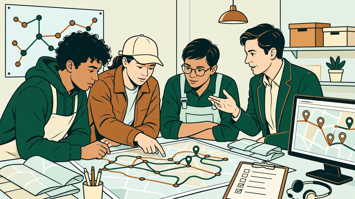 Trois apprentis autour d'un bureau d'exploitation avec cartes de tournées et planning, une tutrice leur montre un itinéraire.