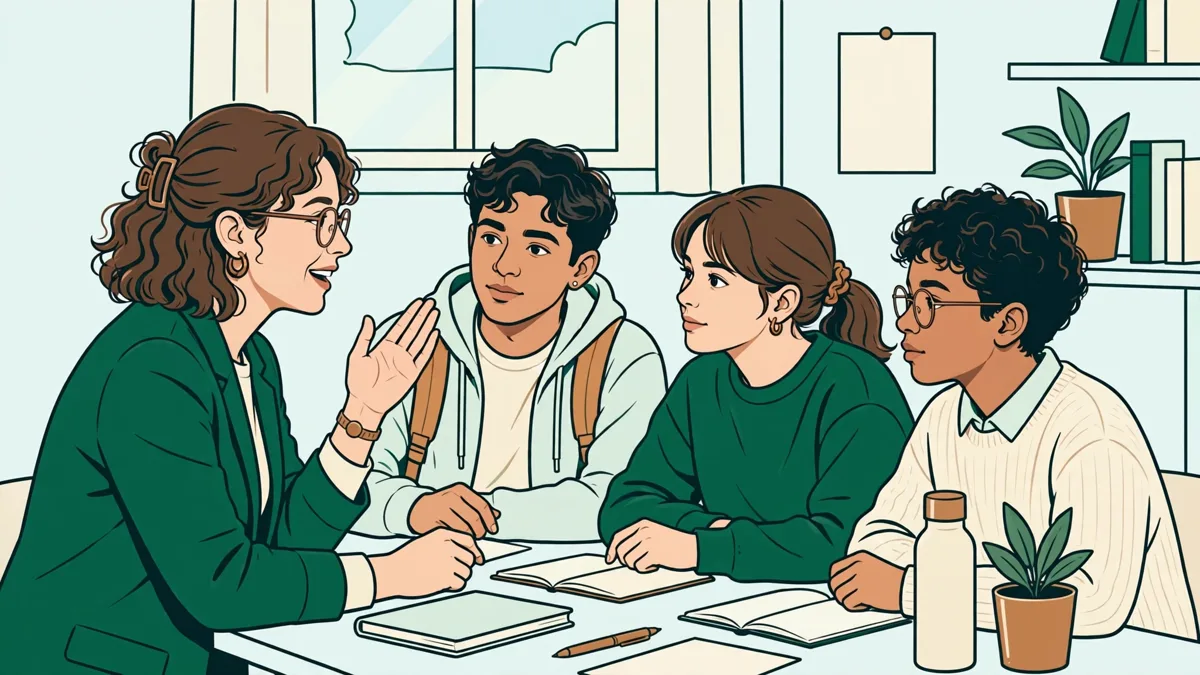 En petit groupe autour d'une table, trois apprentis préparent un entretien avec une formatrice qui les fait répéter